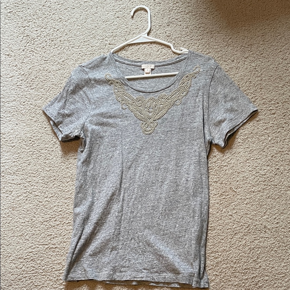 J. Crew Gray Short Sleeve Tee with Beaded Neckline